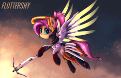 Size: 5000x3231 | Tagged: safe, artist:atlas-66, fluttershy, pegasus, pony, g4, artificial wings, augmented, crossbow, crossover, female, looking at you, mare, mechanical wing, mercy, mercyshy, overwatch, solo, wings