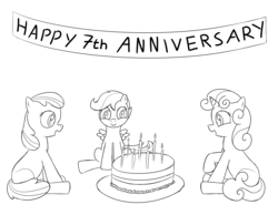Size: 2700x2100 | Tagged: safe, artist:leadpie, derpibooru exclusive, apple bloom, scootaloo, sweetie belle, g4, cake, cutie mark crusaders, food, happy birthday mlp:fim, high res, mlp fim's seventh anniversary, monochrome, simple background, sketch, white background