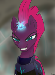 Size: 1968x2688 | Tagged: safe, artist:vinaramic, tempest shadow, pony, unicorn, g4, my little pony: the movie, armor, broken horn, electricity, evil smile, eye scar, female, grin, horn, mare, pretty pretty tempest, scar, smiling, solo, sparking horn