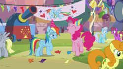 Size: 800x450 | Tagged: safe, edit, screencap, berry punch, berryshine, carrot top, derpy hooves, golden harvest, linky, pinkie pie, rainbow dash, shoeshine, g4, pinkie pride, secrets and pies, animated, cheese supreme cannonball surprise, female, gif