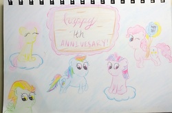 Size: 1239x817 | Tagged: safe, artist:sumi-mlp25, fluttershy, lightning dust, pinkie pie, rainbow dash, twilight sparkle, earth pony, pegasus, pony, unicorn, g4, 7th anniversary, balloon, cloud, eyes closed, female, floating, glowing horn, happy birthday mlp:fim, hooves, horn, levitation, magic, mare, mlp fim's seventh anniversary, on a cloud, one eye closed, sitting, sitting on a cloud, sky, telekinesis, text, then watch her balloons lift her up to the sky, traditional art, wings