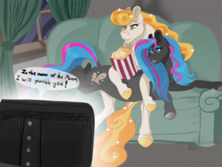 Size: 1000x750 | Tagged: safe, artist:bijutsuyoukai, oc, oc only, oc:brilizyt, oc:obabscribbler, earth pony, pony, couch, female, food, mare, popcorn, sailor moon (series), television