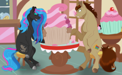 Size: 1250x769 | Tagged: safe, artist:bijutsuyoukai, oc, oc only, oc:cliff hanger, oc:obabscribbler, earth pony, pony, cupcake, eating, female, food, giant cupcake, male, mare, stallion, table