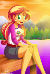 Size: 1404x2096 | Tagged: safe, artist:the-butch-x, sunset shimmer, human, equestria girls, g4, my little pony equestria girls: legend of everfree, :d, beautiful, breasts, busty sunset shimmer, camp everfree outfits, clothes, commission, cute, female, lake, legs, looking at you, shimmerbetes, shirt, shorts, smiling, solo, sunset, updated, water