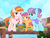 Size: 1000x769 | Tagged: safe, artist:pixelkitties, aunt holiday, auntie lofty, scootaloo, earth pony, pegasus, pony, g4, my little pony: ponyville mysteries, riddle of the rusty horseshoe, artist interpretation, ascot, aunt and niece, basket, couple, cute, cutie mark, family, female, filly, pier, scootalove, shipping, smiling, the cmc's cutie marks, water