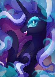 Size: 1500x2092 | Tagged: safe, artist:maren, idw, nightmare rarity, pony, unicorn, g4, female, looking at you, mare, open mouth, profile, smiling, solo