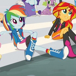 Size: 406x406 | Tagged: safe, screencap, rainbow dash, rarity, spike, sunset shimmer, dog, equestria girls, g4, my little pony equestria girls: rainbow rocks, cropped, cute, dashabetes, offscreen character, shimmerbetes, smiling, spike the dog