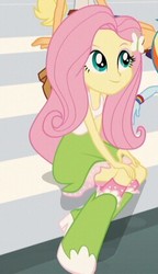 Size: 243x422 | Tagged: safe, screencap, fluttershy, equestria girls, g4, my little pony equestria girls: rainbow rocks, boots, clothes, cropped, cute, female, hairpin, legs, offscreen character, shoes, shyabetes, sitting, skirt, sleeveless, smiling, tank top