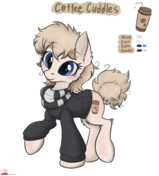 Size: 1941x2144 | Tagged: safe, artist:orang111, oc, oc only, oc:coffee cuddles, earth pony, pony, clothes, female, hoodie, mare, messy mane, messy tail, raised hoof, reference sheet, scarf, simple background, solo, sweater, transparent background