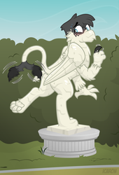 Size: 2381x3500 | Tagged: safe, artist:icaron, oc, oc only, oc:flick transition, griffon, canterlot, high res, inanimate tf, male, paw pads, paws, petrification, plinth, show accurate, solo, statue, transformation, underpaw, wiggle