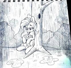 Size: 762x727 | Tagged: safe, artist:passigcamel, fluttershy, bird, pony, g4, female, mare, nest, puddle, rain, sketch, smiling, traditional art, tree