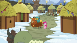 Size: 1280x720 | Tagged: safe, screencap, pinkie pie, prince rutherford, pony, yak, g4, not asking for trouble, cloven hooves, female, hut, male, snow, unnamed character, unnamed yak, yakyakistan