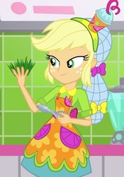 Size: 505x720 | Tagged: safe, screencap, applejack, equestria girls, g4, my little pony equestria girls: summertime shorts, shake things up!, 3d, blender, clothes, cropped, female, grass, hat, scissors, skirt, smiling, smoothie, solo