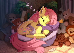 Size: 2400x1742 | Tagged: safe, artist:yakovlev-vad, fluttershy, cat, pegasus, pony, g4, candy, cute, daaaaaaaaaaaw, earbuds, eyebrows, eyes closed, female, food, high res, hnnng, lollipop, mare, onomatopoeia, plushie, shyabetes, sleeping, smiling, snuggling, solo, sound effects, sucker, sweet dreams fuel, weapons-grade cute, wings, yakovlev-vad is trying to murder us, zzz