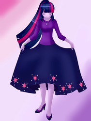 Size: 6000x8000 | Tagged: safe, artist:cynthiaevans, twilight sparkle, human, g4, absurd resolution, bracelet, clothes, curtsey, cutie mark on clothes, dress, eyes closed, gradient background, high heels, humanized, jewelry, long skirt, necklace, ponytail, shoes, skirt