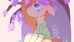 Size: 1786x1005 | Tagged: safe, artist:whoop, oc, oc only, earth pony, pony, clothes, crying, earth pony oc, flower, flower in hair, looking up, shirt, tree