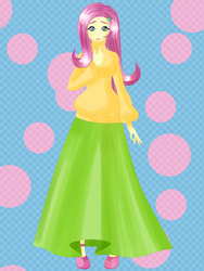 Size: 6000x8000 | Tagged: safe, artist:cynthiaevans, fluttershy, human, g4, absurd resolution, clothes, female, lips, long skirt, looking at you, shoes, skirt, sweater, sweatershy, turtleneck