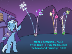 Size: 800x600 | Tagged: safe, artist:lurks-no-more, trixie, g4, bipedal, cape, clothes, female, fireworks, happy birthday mlp:fim, hat, mlp fim's seventh anniversary, night, solo, trixie's cape, trixie's hat