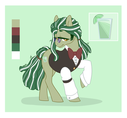 Size: 1120x1036 | Tagged: safe, artist:nemovonsilver, oc, oc only, oc:mint lime, earth pony, pony, barista, bowtie, clothes, dreadlocks, glasses, male, raised hoof, reference sheet, solo, stallion, suit