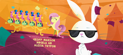 Size: 1296x583 | Tagged: safe, screencap, angel bunny, fluttershy, bird, pony, g4, my little pony: the movie, confetti, credits, crossed arms, deal with it, pointy ponies, sunglasses, swag