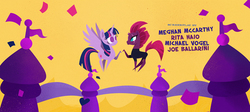 Size: 1296x583 | Tagged: safe, screencap, tempest shadow, twilight sparkle, alicorn, pony, g4, my little pony: the movie, credits, hoofbump, joe ballarini, meghan mccarthy, mike vogel, pointy ponies, rita hsiao, twilight sparkle (alicorn)