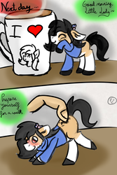 Size: 2000x3000 | Tagged: safe, artist:euspuche, oc, oc only, oc:anon, oc:liliya krasnyy, earth pony, human, pony, comic:li'l pony, blushing, coffee, comic, dressed, face down ass up, female, finger, high res, micro, size difference