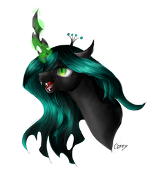 Size: 811x908 | Tagged: dead source, safe, artist:coffytacotuesday, queen chrysalis, changeling, changeling queen, g4, bust, female, magic, portrait, simple background, solo, white background