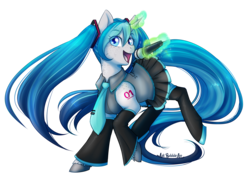 Size: 3793x2972 | Tagged: safe, artist:askbubblelee, oc, oc only, oc:bubble lee, oc:imago, pony, unicorn, clothes, cosplay, costume, female, freckles, glowing horn, hatsune miku, high res, horn, looking at you, magic, mare, microphone, necktie, pigtails, smiling, solo, twintails, vocaloid