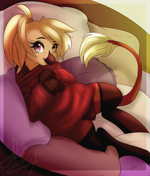 Size: 2848x3347 | Tagged: safe, artist:fatcakes, oc, oc only, oc:gwynn, griffon, clothes, cushion, female, griffon oc, high res, looking at you, lying down, on side, panties, pillow, reclining, ribbed sweater, solo, stockings, sweater, thigh highs, underwear, ych result