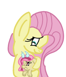 Size: 368x431 | Tagged: safe, artist:snoopy7c7, fluttershy, oc, oc:bedlam, hybrid, kindverse, g4, female, interspecies offspring, mother and daughter, offspring, parent:discord, parent:fluttershy, parents:discoshy, story included