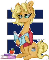 Size: 1066x1307 | Tagged: safe, artist:woonborg, oc, oc only, oc:study guide, pony, unicorn, apple, book, cheek fluff, chest fluff, clothes, ear fluff, female, fluffy, food, glasses, grumpy, mare, reading, shirt, signature, simple background, sitting, solo, sweater, textbook, tired, transparent background