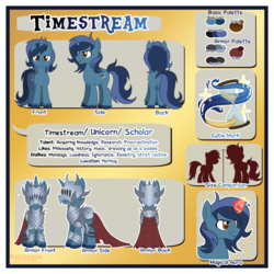 Size: 1024x1024 | Tagged: safe, artist:kazziepones, oc, oc only, oc:timestream, pony, unicorn, armor, cape, clothes, magic, male, reference sheet, solo, stallion