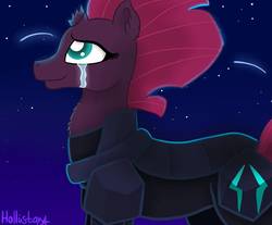 Size: 1389x1152 | Tagged: safe, artist:hollistars, tempest shadow, pony, unicorn, g4, my little pony: the movie, armor, broken horn, chest fluff, crying, cute, female, horn, mare, night, smiling, solo, stars, tears of joy, tempestbetes, when she smiles