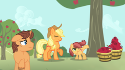 Size: 1024x576 | Tagged: safe, artist:saukapie, applejack, oc, oc:honey crisp, oc:solar flare, earth pony, pony, unicorn, g4, offspring, parent:applejack, parent:caramel, parents:carajack, story included