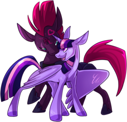 Size: 3185x3056 | Tagged: safe, artist:polyhexian, fizzlepop berrytwist, tempest shadow, twilight sparkle, alicorn, pony, g4, my little pony: the movie, broken horn, female, high res, horn, lesbian, mare, ship:tempestlight, shipping, simple background, smiling, transparent background, twilight sparkle (alicorn)