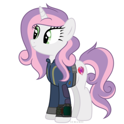 Size: 6000x6000 | Tagged: safe, artist:suramii, sweetie belle, pony, unicorn, fallout equestria, g4, absurd resolution, clothes, female, jumpsuit, mare, older, older sweetie belle, overmare, pipboy, pipbuck, simple background, smiling, solo, transparent background, vault suit, vector
