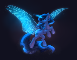 Size: 2532x1998 | Tagged: safe, artist:nightskrill, oc, oc only, pony, unicorn, artificial wings, augmented, black background, female, glowing horn, horn, looking at you, magic, magic wings, mare, simple background, smiling, solo, wings