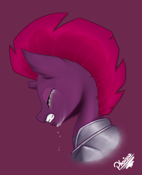 Size: 2000x2480 | Tagged: safe, artist:phaisax, tempest shadow, pony, unicorn, g4, my little pony: the movie, broken horn, crying, eyes closed, female, high res, horn, mare, purple background, sad, simple background, solo
