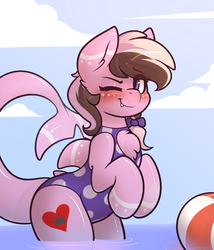 Size: 3000x3500 | Tagged: safe, artist:whitepone, oc, oc only, oc:ashee, original species, pony, shark, shark pony, beach, beach ball, blushing, bow, clothes, cute, cute little fangs, fangs, female, high res, mare, one eye closed, one-piece swimsuit, smiling, standing, suggestive source, swimsuit, wet, wink
