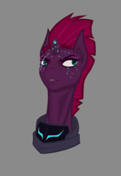 Size: 558x810 | Tagged: safe, artist:madness-with-reason, derpibooru exclusive, tempest shadow, g4, my little pony: the movie, broken horn, female, gray background, horn, simple background, solo