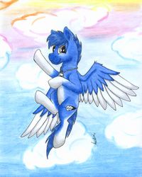 Size: 2440x3057 | Tagged: safe, artist:saxpony, oc, oc only, pegasus, pony, cloud, flying, high res, male, stallion, traditional art