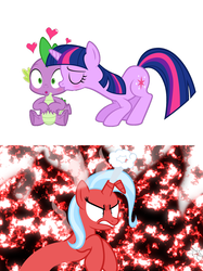 Size: 1740x2328 | Tagged: safe, artist:navitaserussirus, edit, spike, trixie, twilight sparkle, dragon, g4, angry, cheek kiss, face down ass up, female, jealous, kissing, lesbian, love triangle, male, ship:twispike, ship:twixie, shipping, straight