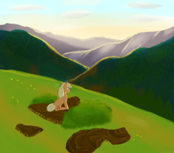 Size: 2430x2140 | Tagged: safe, artist:northstar-studios, applejack, g4, female, grass, high res, hill, looking up, missing accessory, morning, mountain, outdoors, scenery, sitting, sky, solo, sunrise