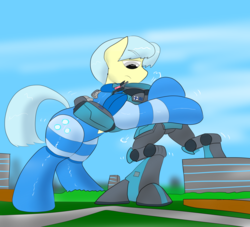 Size: 4400x4000 | Tagged: safe, artist:feyzer, color edit, edit, oc, oc only, oc:ultramare, big cat, earth pony, lynx, pony, robot, absurd resolution, city, clothes, colored, field, giant pony, macro