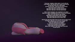 Size: 1920x1080 | Tagged: dead source, safe, artist:camchao, pinkie pie, earth pony, pony, g4, spoiler:doki doki literature club, 3d, depression, doki doki literature club, female, floppy ears, lying down, lyrics, mare, on side, pen, pinkamena diane pie, sad, solo, song reference, source filmmaker, spoilers for another series, text, tl;dr, your reality