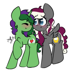 Size: 768x768 | Tagged: safe, artist:naty7913, oc, oc only, oc:charcoal dust, oc:mint heart, pegasus, pony, unicorn, blushing, eyes closed, female, mare, nuzzling, simple background, transparent background