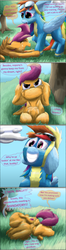 Size: 1712x6470 | Tagged: safe, artist:firefanatic, rainbow dash, scootaloo, pegasus, pony, g4, alternate cutie mark, angry, clothes, comic, crying, dialogue, endosoma, female, fetish, fluffy, mare, non-fatal vore, preydash, scootapred, soft vore, uniform, vore, wonderbolts uniform