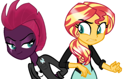 Size: 806x514 | Tagged: safe, artist:transparentowl9999, artist:yeganeh18, sunset shimmer, tempest shadow, equestria girls, g4, my little pony equestria girls: friendship games, my little pony: the movie, alternate hairstyle, base used, equestria girls-ified, faux hawk, female, looking at each other, simple background, smiling, smirk, transparent background