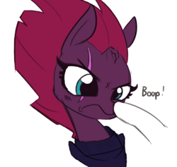 Size: 1134x1075 | Tagged: safe, artist:tjpones edits, color edit, edit, fizzlepop berrytwist, tempest shadow, pony, unicorn, g4, my little pony: the movie, boop, broken horn, colored, cute, eye scar, female, frown, hooves, horn, mare, non-consensual booping, offscreen character, partial color, scar, simple background, solo focus, tempest shadow is not amused, tempestbetes, this will end in pain, tsundere shadow, unamused, white background