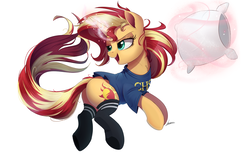 Size: 2500x1550 | Tagged: safe, artist:ncmares, sunset shimmer, pony, unicorn, g4, butt, clothes, cute, female, glowing, glowing horn, horn, levitation, looking back, magic, magic aura, mare, open mouth, pillow, pillow fight, plot, shimmerbetes, shirt, simple background, socks, solo, t-shirt, telekinesis, white background